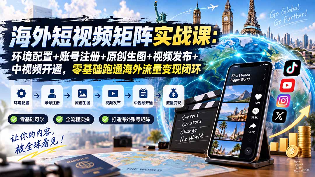 海外短视频矩阵实战课:环境配置+账号注册+原创生图+视频发布+中视频开通,零基础跑通海外流量变现闭环-橙心云网创