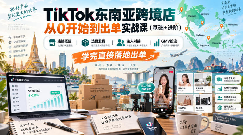 TikTok东南亚跨境店从0开始到出单实战课(基础+进阶),店铺搭建、选品发货、达人对接、GMV投流,学完直接落地出单-橙心云网创