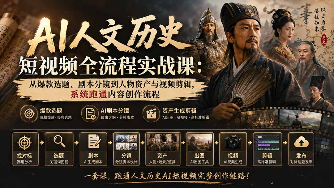 AI人文历史短视频全流程实战课-更新：从爆款选题、剧本分镜到人物资产与视频剪辑，系统跑通内容创作流程-橙心云网创