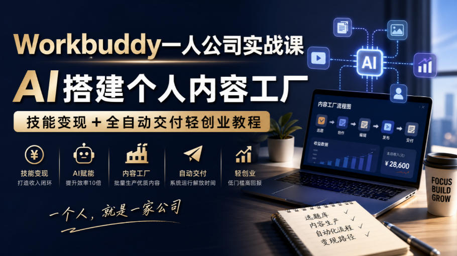 Workbuddy一人公司实战课，AI搭建个人内容工厂，技能变现+全自动交付轻创业教程​-橙心云网创