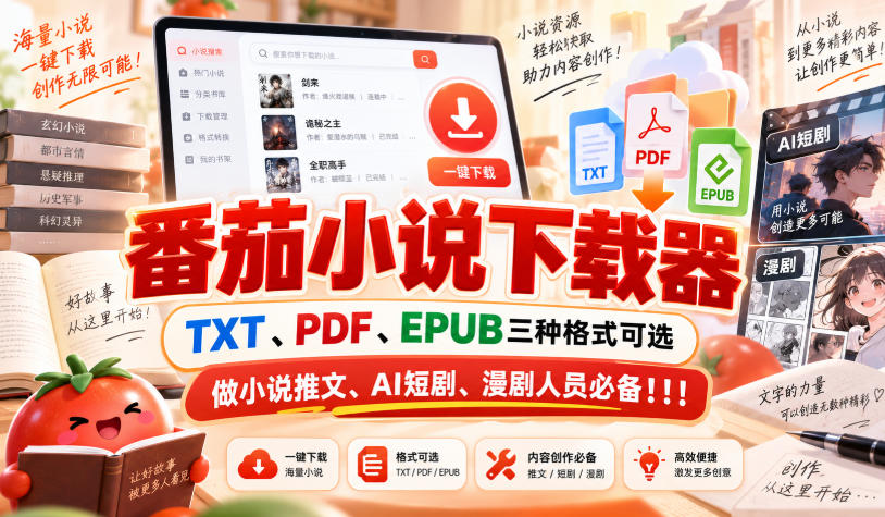番茄小说下载器，TXT、PDF、EPUB三种格式可选，做小说推文、AI短剧、漫剧人员必备！！！-橙心云网创