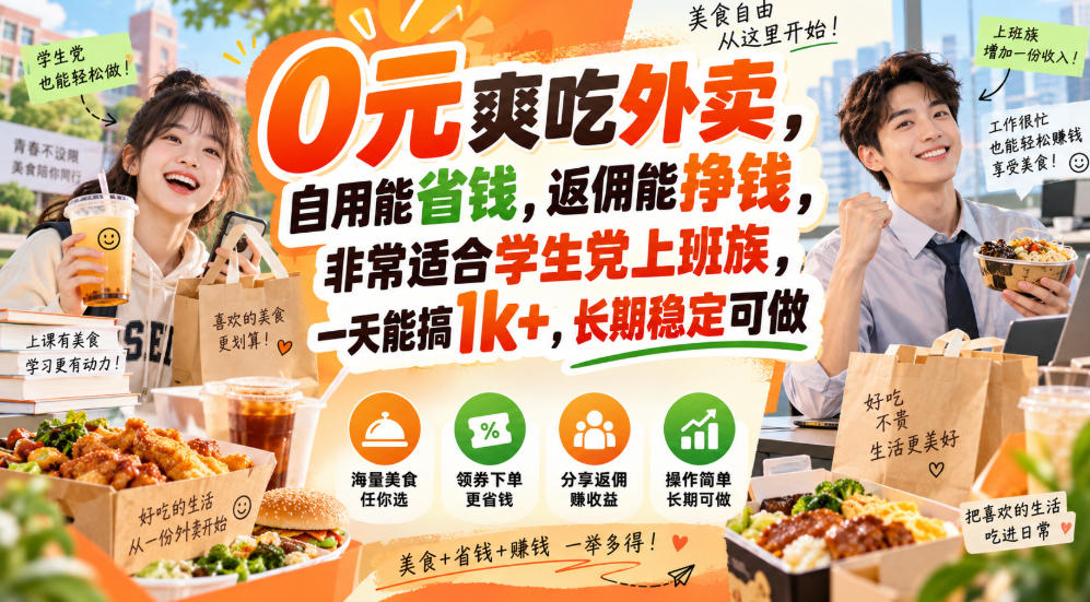 0元爽吃外卖，自用能省钱，返佣能挣钱，非常适合学生党上班族，一天能搞1k+，长期稳定可做-橙心云网创