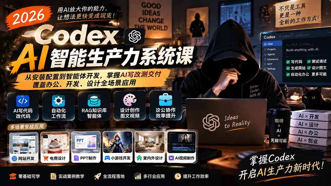 2026 Codex AI智能生产力系统课-更新｜从安装配置到智能体开发，掌握AI写改测交付，覆盖办公、开发、设计全场景应用-橙心云网创