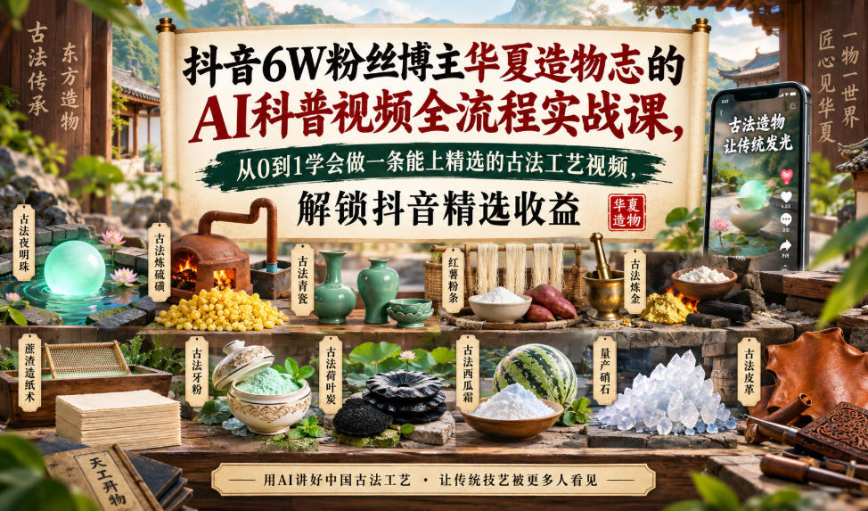 抖音6W粉丝博主华夏造物志的AI科普视频全流程实战课,从0到1学会做一条能上精选的古法工艺视频,解锁抖音精选收益-橙心云网创