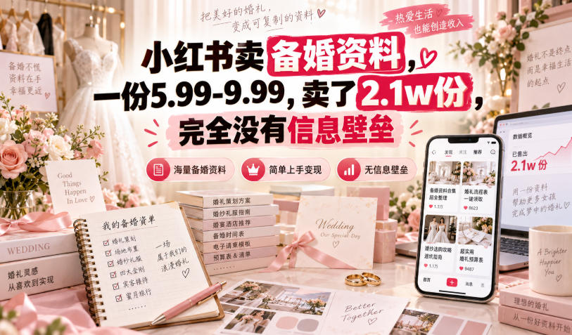 小红书卖备婚资料,一份5.99-9.99,卖了2.1w份,完全没有信息壁垒-橙心云网创