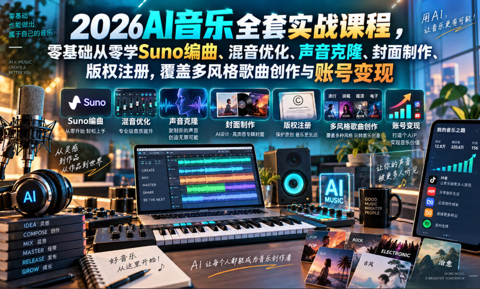 2026AI音乐实战课程,零基础从零学Suno编曲、混音优化、声音克隆、版权注册,覆盖多风格歌曲创作与账号变现-橙心云网创