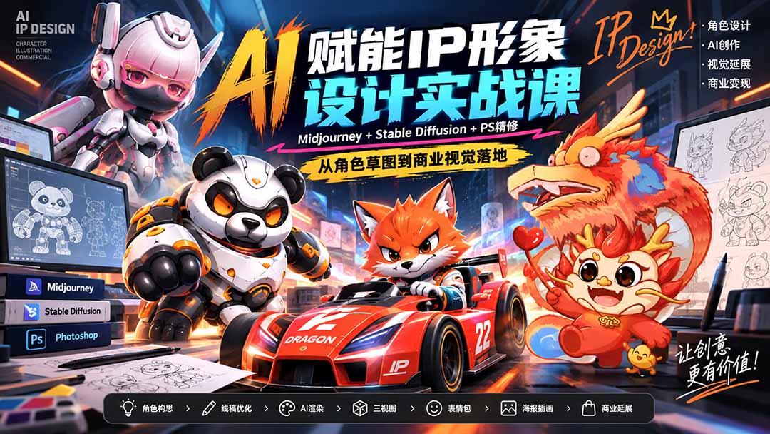 AI赋能IP形象设计实战课-无水印:Midjourney+Stable Diffusion+PS精修,从角色草图到商业视觉落地-橙心云网创