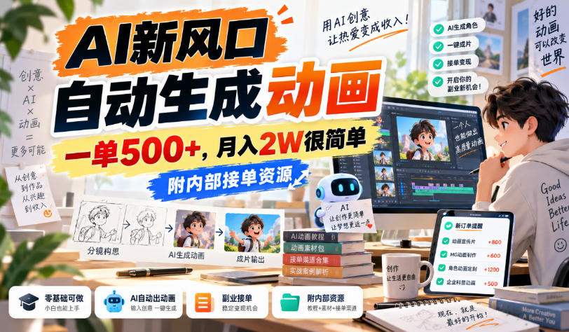 AI新风口,自动生成动画,一单500+,月入2W很简单,附内部接单资源【揭秘】-橙心云网创