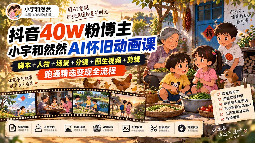 抖音40W粉博主小宇和然然AI怀旧动画课|脚本+人物+场景+分镜+图生视频+剪辑,跑通精选变现全流程-橙心云网创