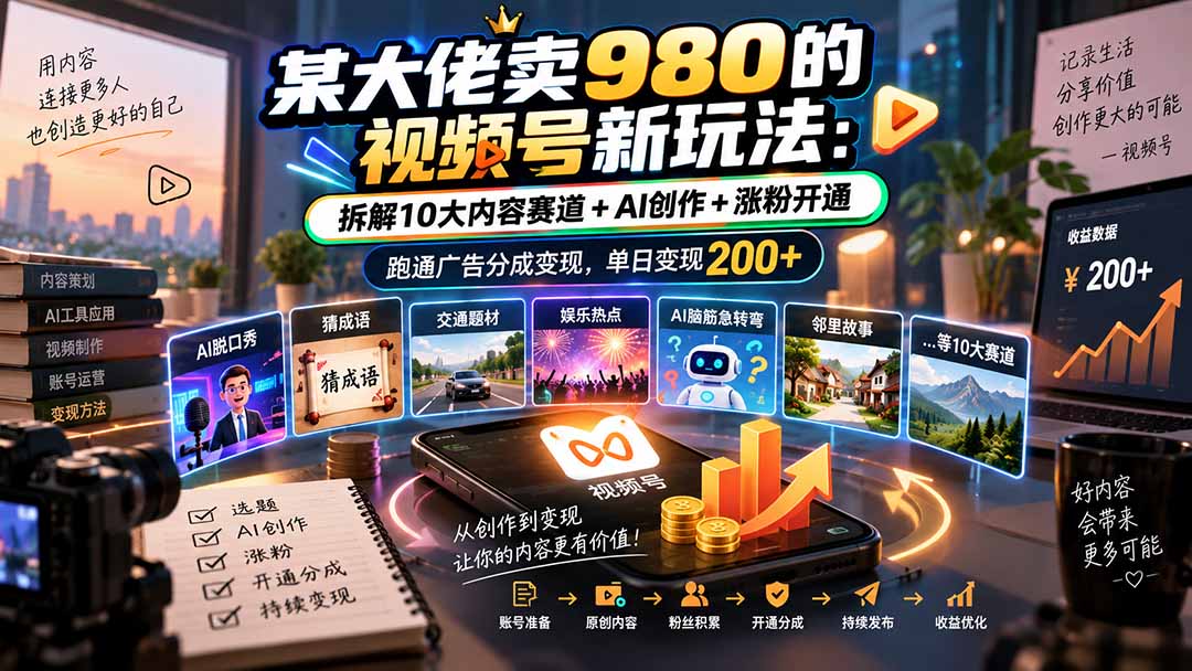 某大佬卖980的视频号新玩法：拆解10大内容赛道+AI创作+涨粉开通，跑通广告分成变现，单日变现200+-橙心云网创