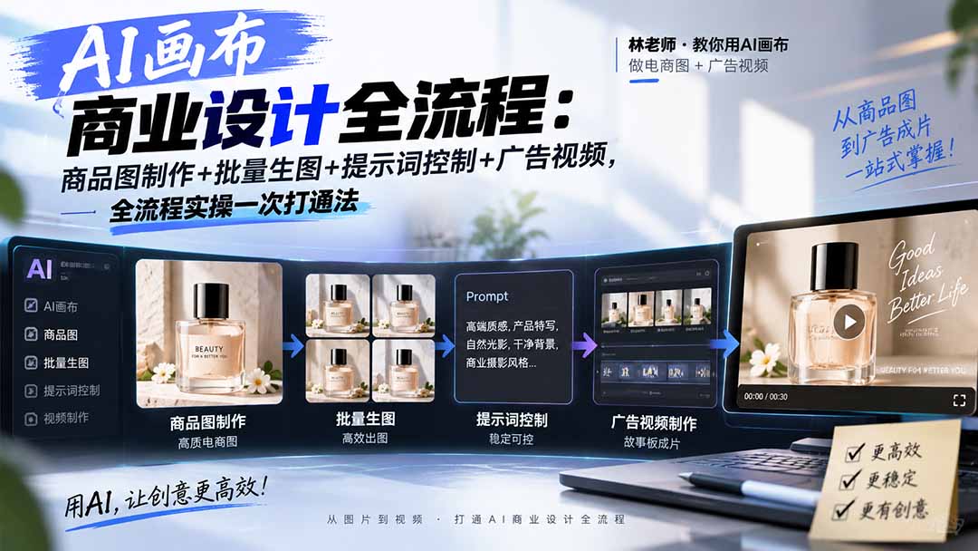 AI画布商业设计全流程：商品图制作+批量生图+提示词控制+广告视频，全流程实操一次打通法-橙心云网创