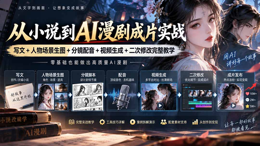 从小说到AI漫剧成片实战:写文+人物场景生图+分镜配音+视频生成+二次修改完整教学-橙心云网创
