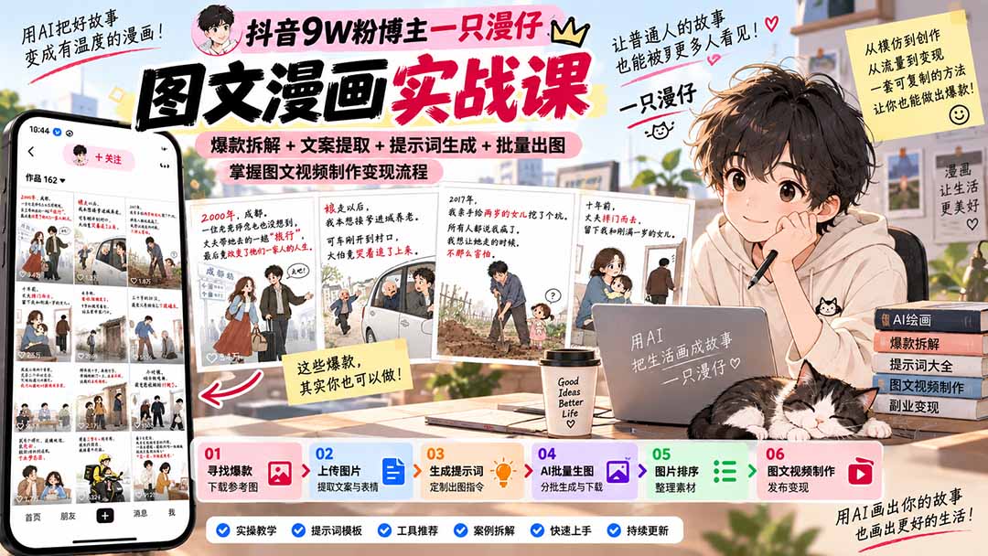 抖音9W粉博主一只漫仔图文漫画课:爆款拆解+文案提取+提示词生成+批量出图,掌握图文视频制作变现流程-橙心云网创