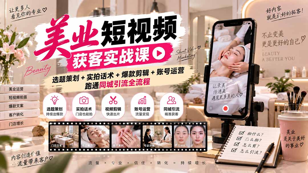 美业短视频获客实战课-无水印:选题策划+实拍话术+爆款剪辑+账号运营,跑通同城引流全流程-橙心云网创
