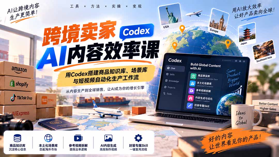 跨境卖家AI内容效率课:用Codex搭建商品知识库、场景库与短视频自动化生产工作流-橙心云网创