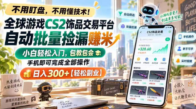 全球游戏CS2饰品交易平台自动批量捡漏賺米,小白轻松入门,包教包会,手机即可完成全部操作,日入300+【揭秘】-橙心云网创