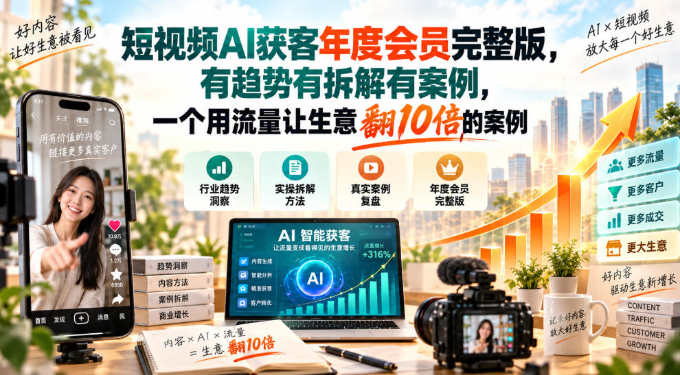 短视频AI获客年度会员完整版，有趋势有拆解有案例，一个用流量让生意翻10倍的案例-橙心云网创