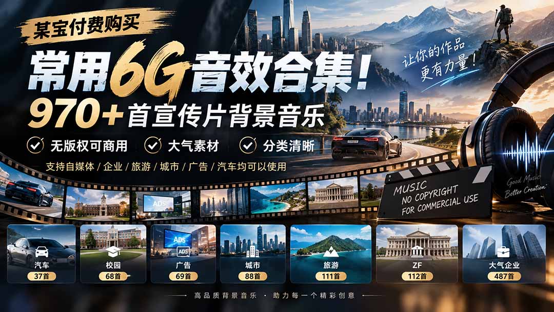 某宝付费购买，常用6G音效合集！970+首宣传片背景音乐，无版权可商用大气素材，分类清晰-橙心云网创