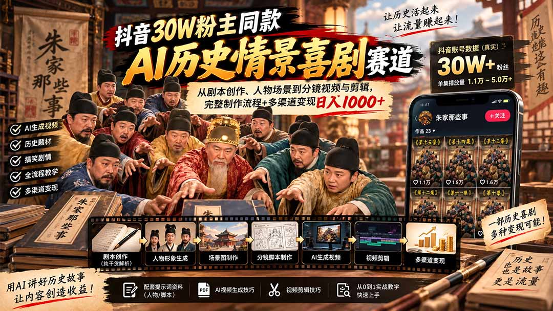 抖音30W粉博主同款AI历史情景喜剧赛道:从剧本创作、人物场景到分镜视频与剪辑,完整制作流程+多渠道变现日入1000+-橙心云网创