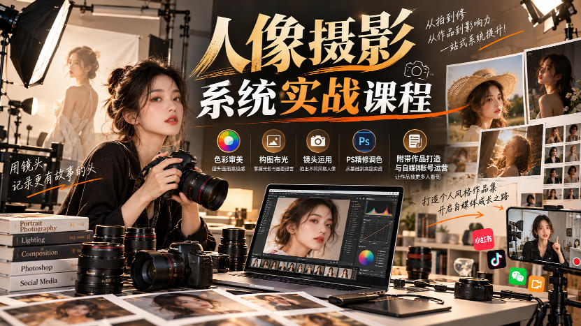 【无水印】人像摄影系统实战课程，色彩审美、构图布光、镜头运用、PS精修调色，附带作品打造与自媒体账号运营-橙心云网创