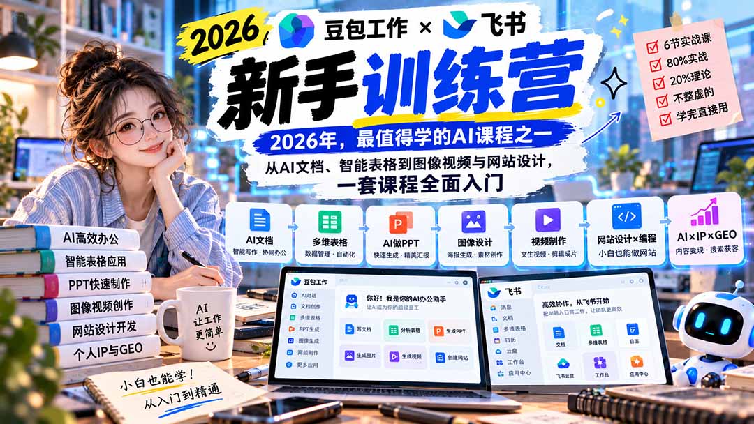 2026豆包工作+飞书新手训练营-9月新课:从AI文档、智能表格到图像视频与网站设计,一套课程全面入门-橙心云网创