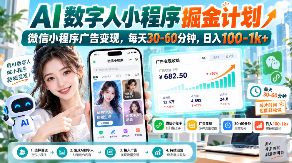 【无水印】AI数字人小程序掘金计划，微信小程序广告变现，每天30‑60分钟，日入100‑1k+-橙心云网创