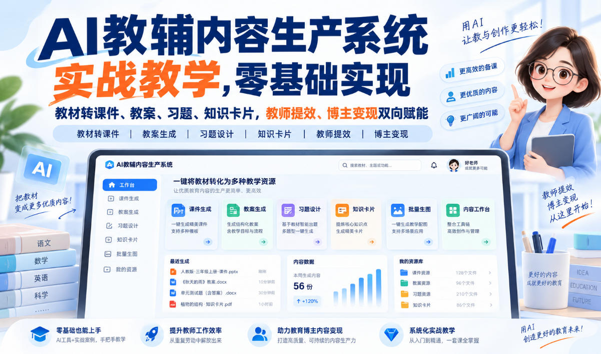 【无水印】AI教辅内容生产系统实战教学，零基础实现教材转课件、教案、习题、知识卡片，教师提效、博主变现双向赋能(更新0926)-橙心云网创