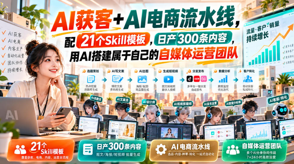 AI获客+AI电商流水线,配21个Skill模板,日产300条内容,用AI搭建属于自己的自媒体运营团队-橙心云网创