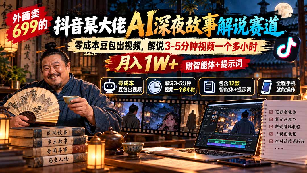 外面卖699的抖音某大佬AI深夜故事解说赛道：零成本豆包出视频，解说3-5分钟视频一个多小时，月入1W+附智能体+提示词-橙心云网创