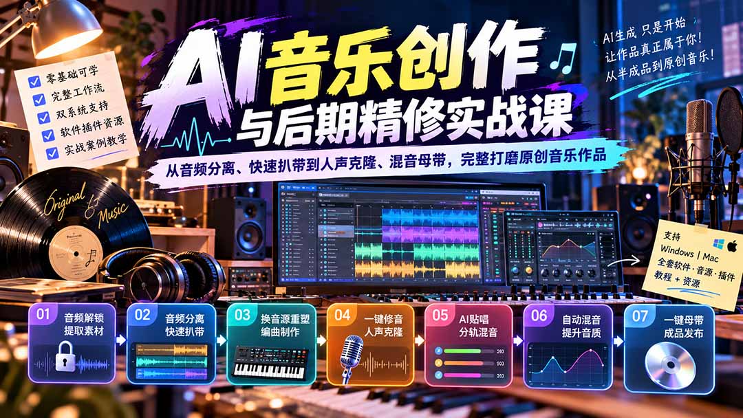 AI音乐创作与后期精修实战课:从音频分离、快速扒带到人声克隆、混音母带,完整打磨原创音乐作品-橙心云网创