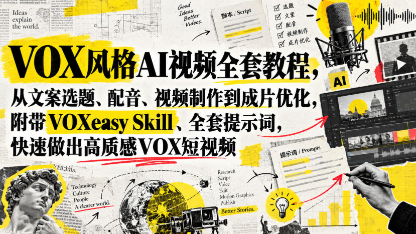 VOX风格AI视频全套教程，从文案选题、配音、视频制作到成片优化，附带VOXeasy Skill、全套提示词，快速做出高质感VOX短视频-橙心云网创