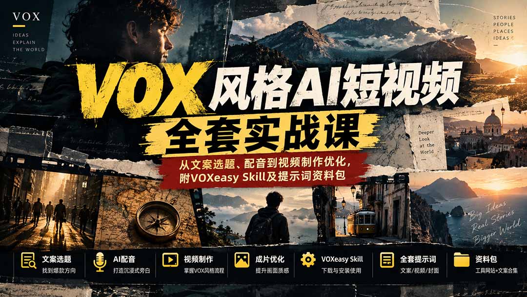 【无水印】VOX风格AI短视频全套实战课:从文案选题、配音到视频制作优化,附VOXeasy Skill及提示词资料包-橙心云网创