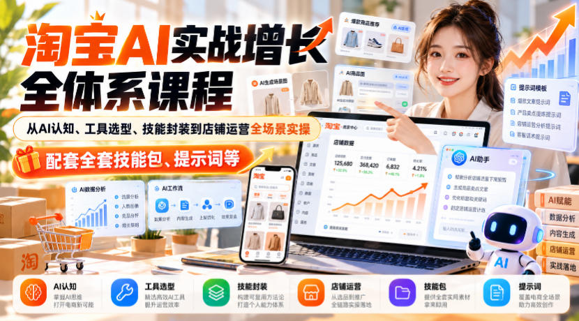 淘宝AI实战增长全体系课程，从AI认知、工具选型、技能封装到店铺运营全场景实操，配套全套技能包、提示词等-橙心云网创