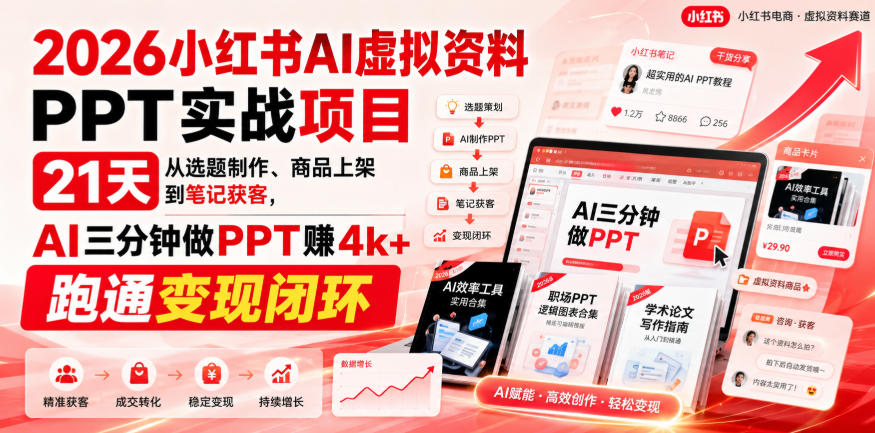 【无水印】2026小红书AI虚拟资料PPT实战项目,21天从选题制作、商品上架到笔记获客,AI三分钟做PPT赚4k+跑通变现闭环(更新0927)-橙心云网创