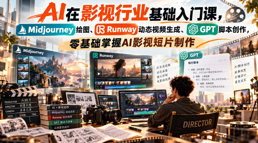 【无水印】AI在影视行业基础入门课,Midjourney绘图、Runway动态视频生成、GPT脚本创作,零基础掌握AI影视短片制作-橙心云网创