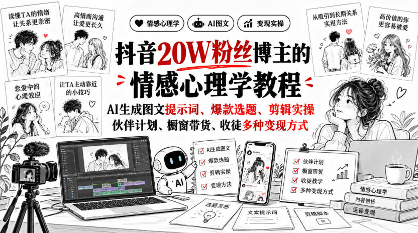 抖音20W粉丝博主静候心声的情感心理学教程,AI生成图文提示词、爆款选题、剪辑实操,伙伴计划、橱窗带货、收徒多种变现方式-橙心云网创