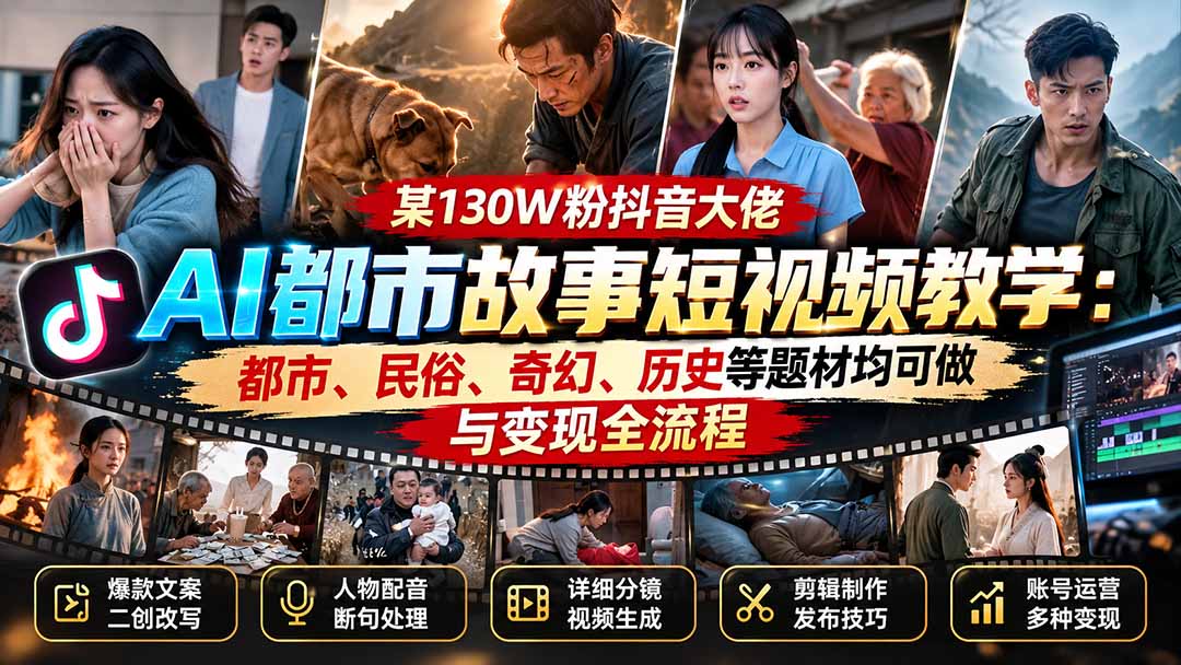 某130W粉抖音大佬AI都市故事短视频教学:都市、民俗、奇幻、历史等题材均可做与变现全流程-橙心云网创