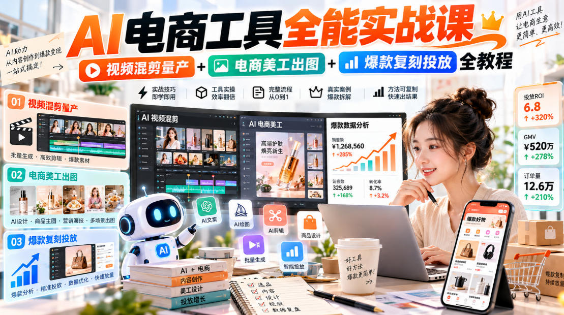AI电商工具全能实战教学,视频混剪量产+电商美工出图+爆款复刻投放全教程-橙心云网创