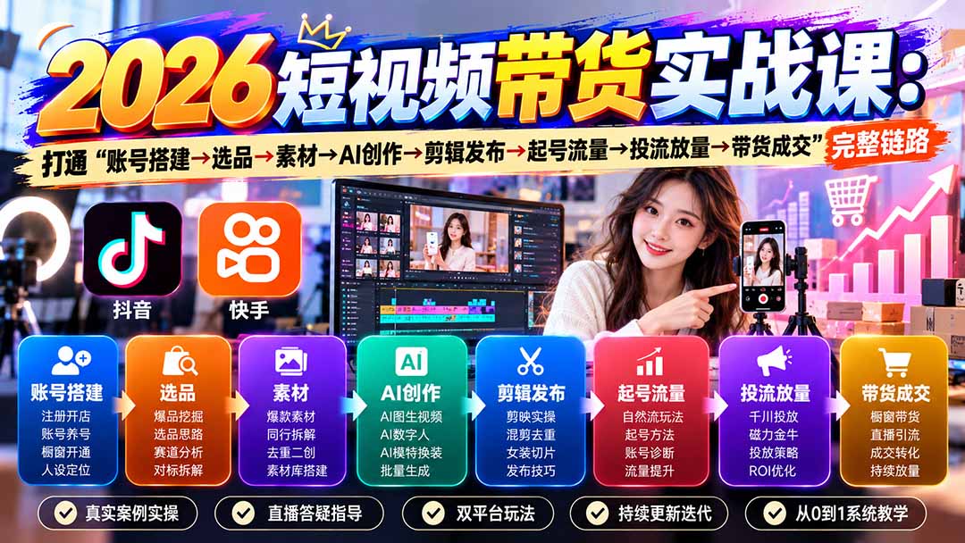 2026短视频带货实战课9月：打通“账号搭建→选品→素材→AI创作→剪辑发布→起号流量→投流放量→带货成交”完整链路-橙心云网创