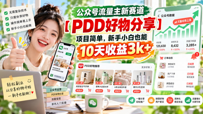 公众号流量主新赛道【PDD好物分享】,项目简单,新手小白也能10天收益3k+-橙心云网创