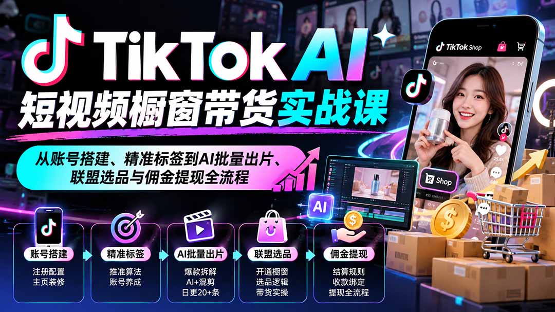 TikTok AI短视频橱窗带货实战课:从账号搭建、精准标签到AI批量出片、联盟选品与佣金提现全流程-橙心云网创