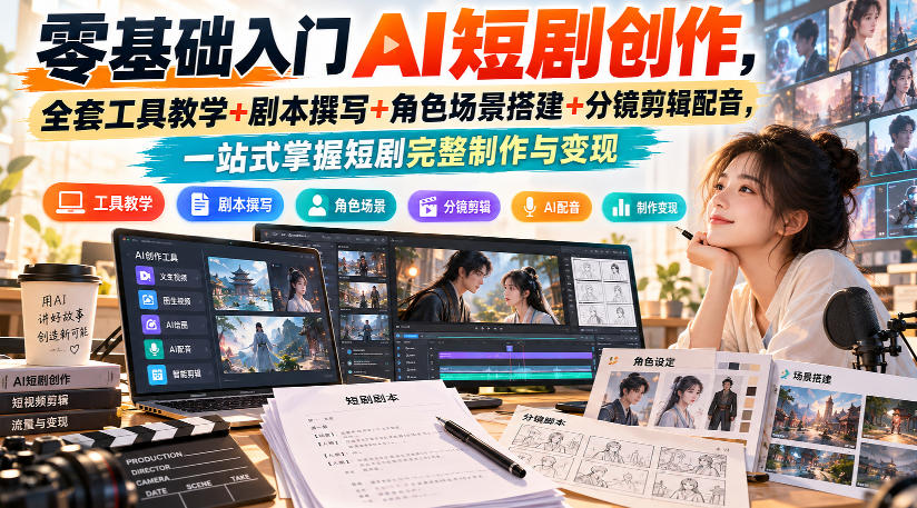 零基础入门AI短剧创作，全套工具教学+剧本撰写+角色场景搭建+分镜剪辑配音，一站式掌握短剧完整制作与变现-橙心云网创