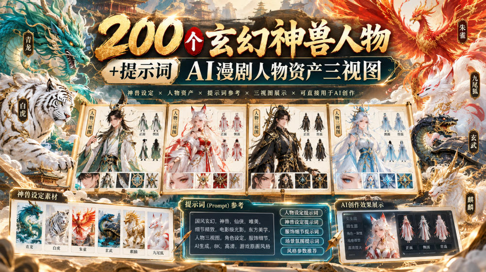 200个玄幻神兽人物+提示词ai漫剧人物资产三视图-橙心云网创