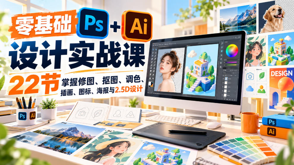 【无水印】零基础PS+AI设计实战课|22节掌握修图、抠图、调色、插画、图标、海报与2.5D设计-橙心云网创