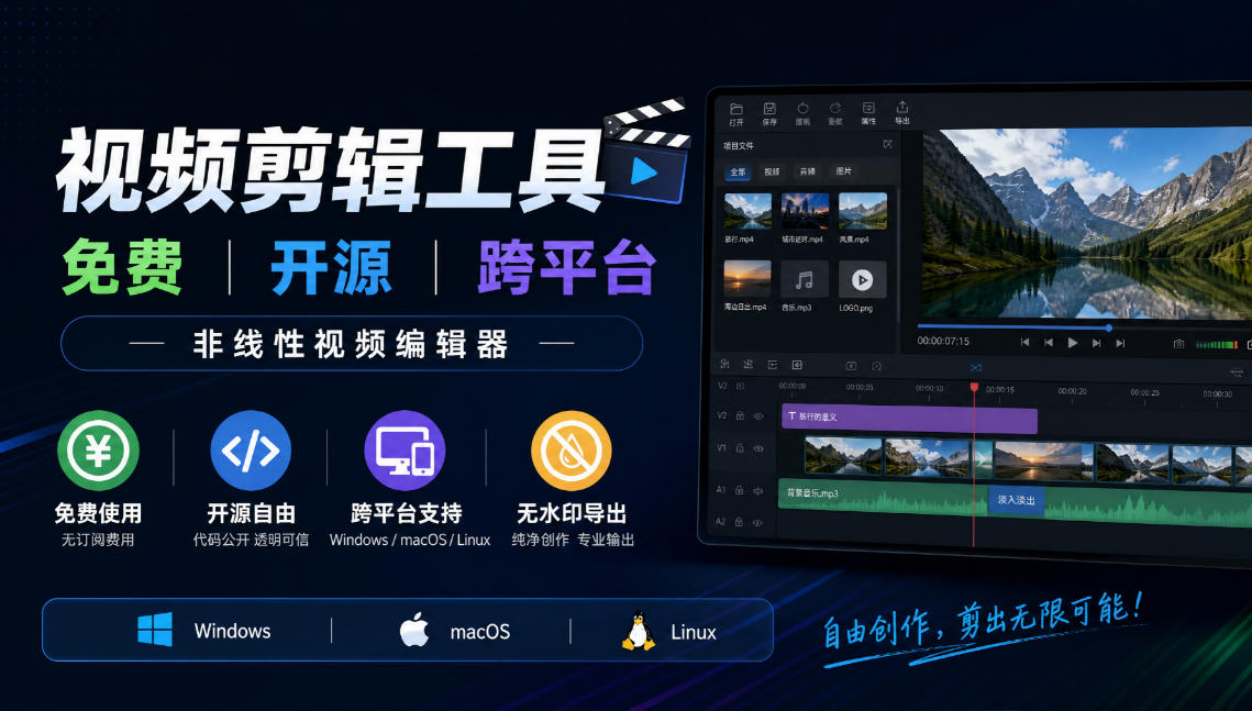 视频剪辑工具,免费、开源、跨平台,非线性视频编辑器,支持Windows、macOS、Linux,无水印、无订阅费用-橙心云网创