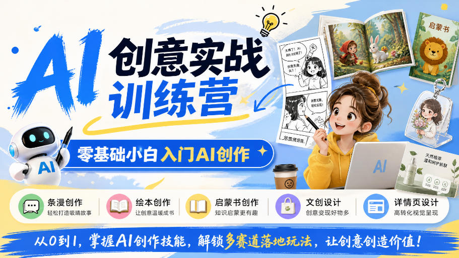 AI创意实战训练营,零基础小白入门AI创作,解锁条漫、绘本、启蒙书、文创、详情页多赛道落地玩法-橙心云网创