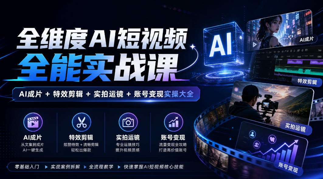 全维度AI短视频全能实战课,AI成片+特效剪辑+实拍运镜+账号变现实操大全-橙心云网创