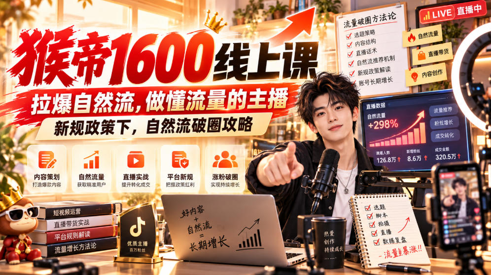 猴帝1600线上课,拉爆自然流,做懂流量的主播,新规政策下,自然流破圈攻略【更新261002】-橙心云网创
