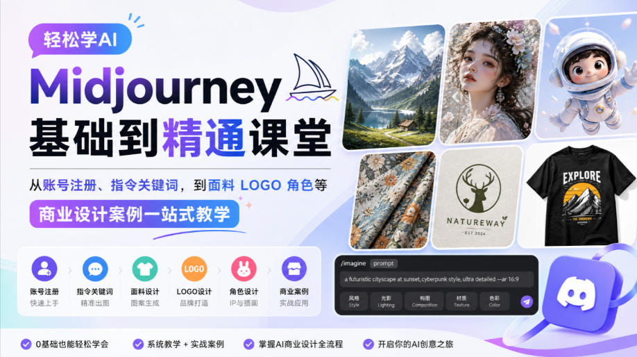 轻松学AI Midjourney基础到精通课堂,从账号注册、指令关键词,到面料LOGO角色等商业设计案例一站式教学-橙心云网创