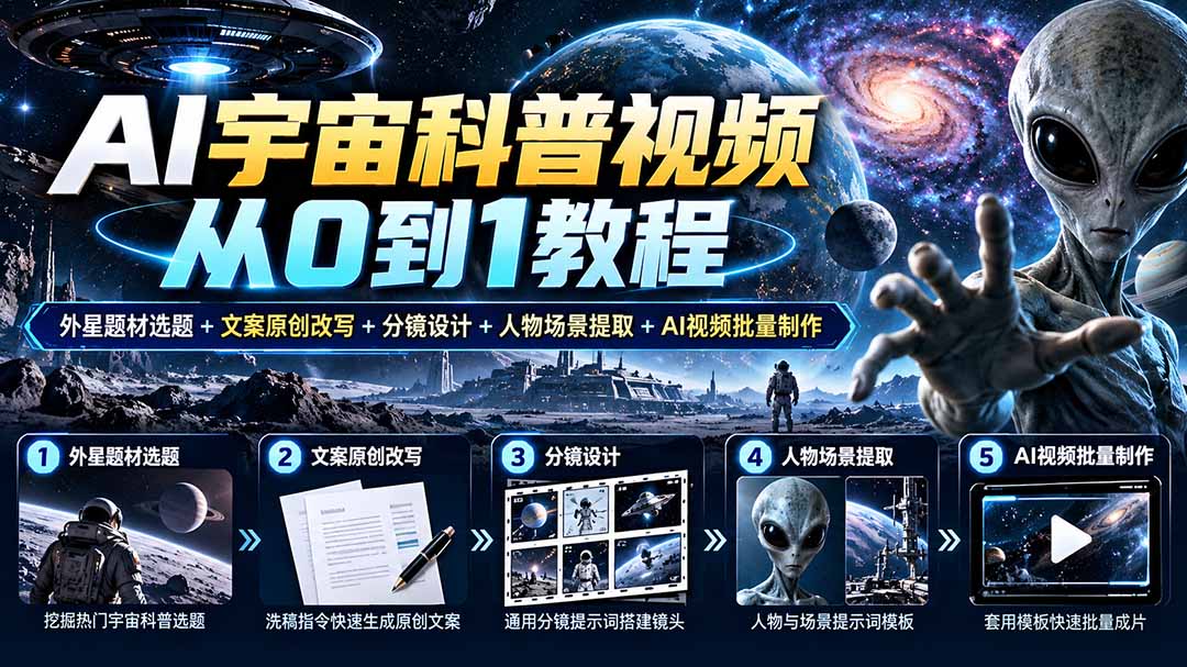 AI宇宙科普视频从0到1教程|外星题材选题+文案原创改写+分镜设计+人物场景提取+AI视频批量制作-橙心云网创